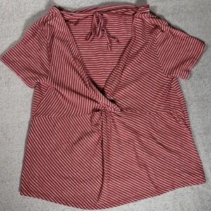 Thyme + Honey Womens Large Rust Red White Striped Twist Front Tie Neck Top L